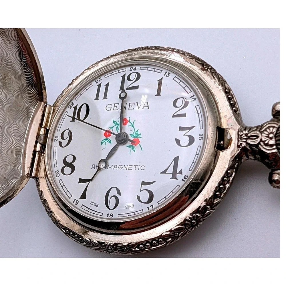 Geneva Pocket Watch Silver Tone Steam Train Locomotive Floral Antimagnetic